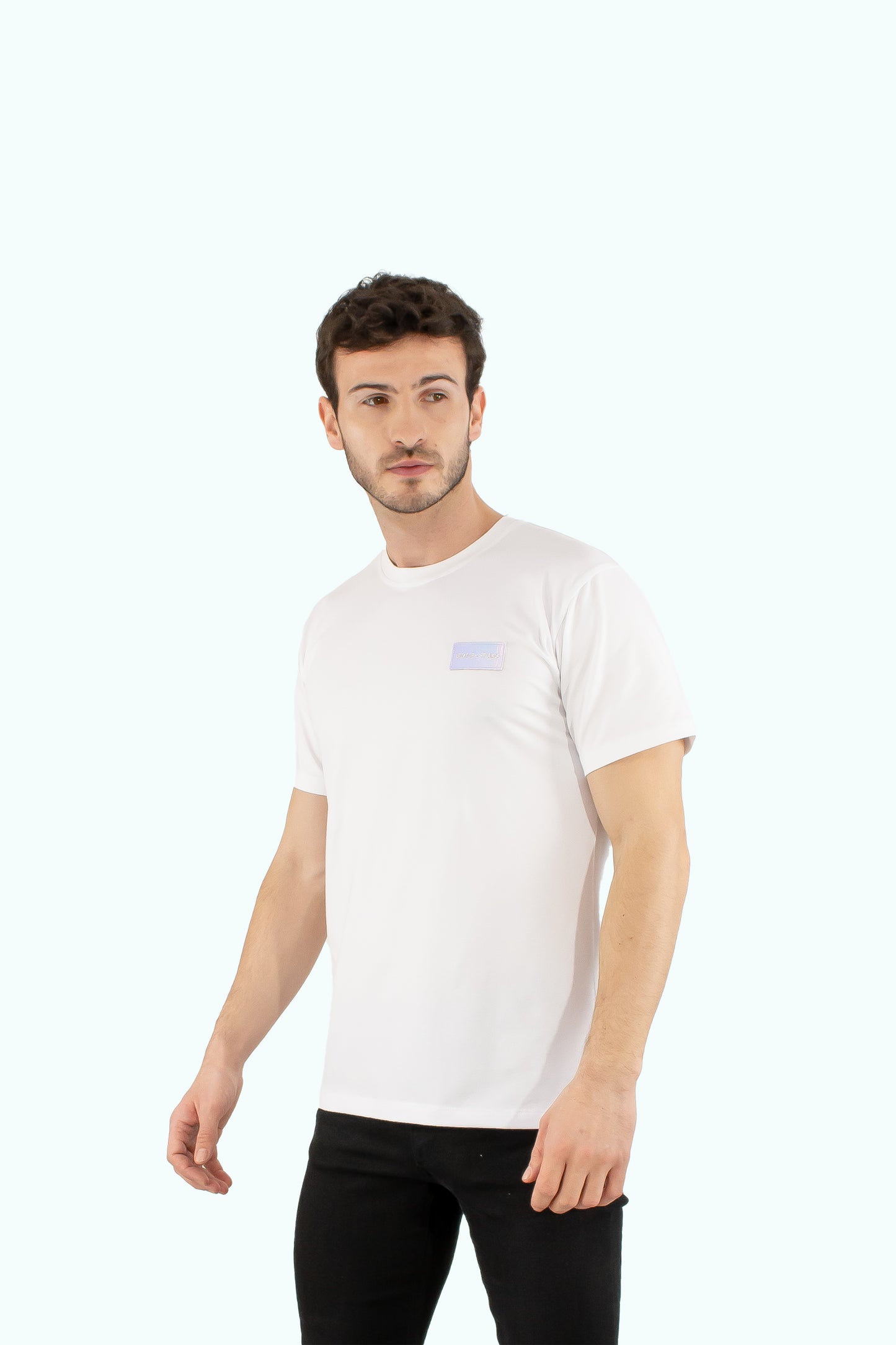 Men white cotton t-shirt with chrome logo badge