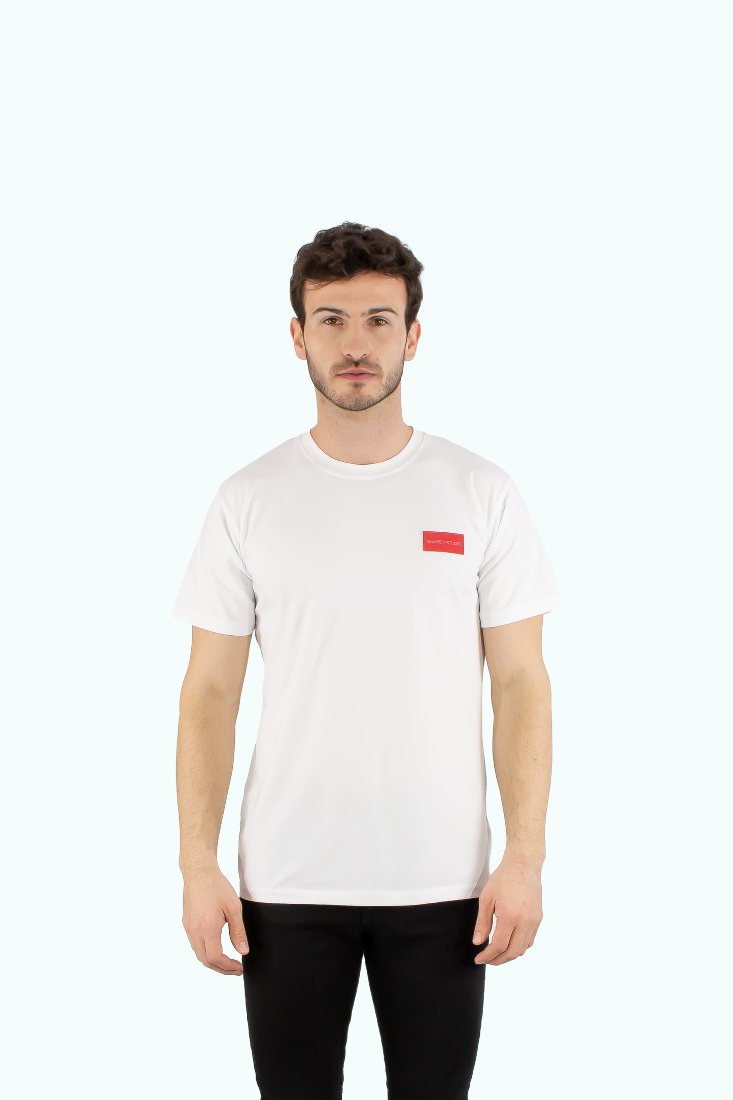 Men white cotton t-shirt with red logo badge