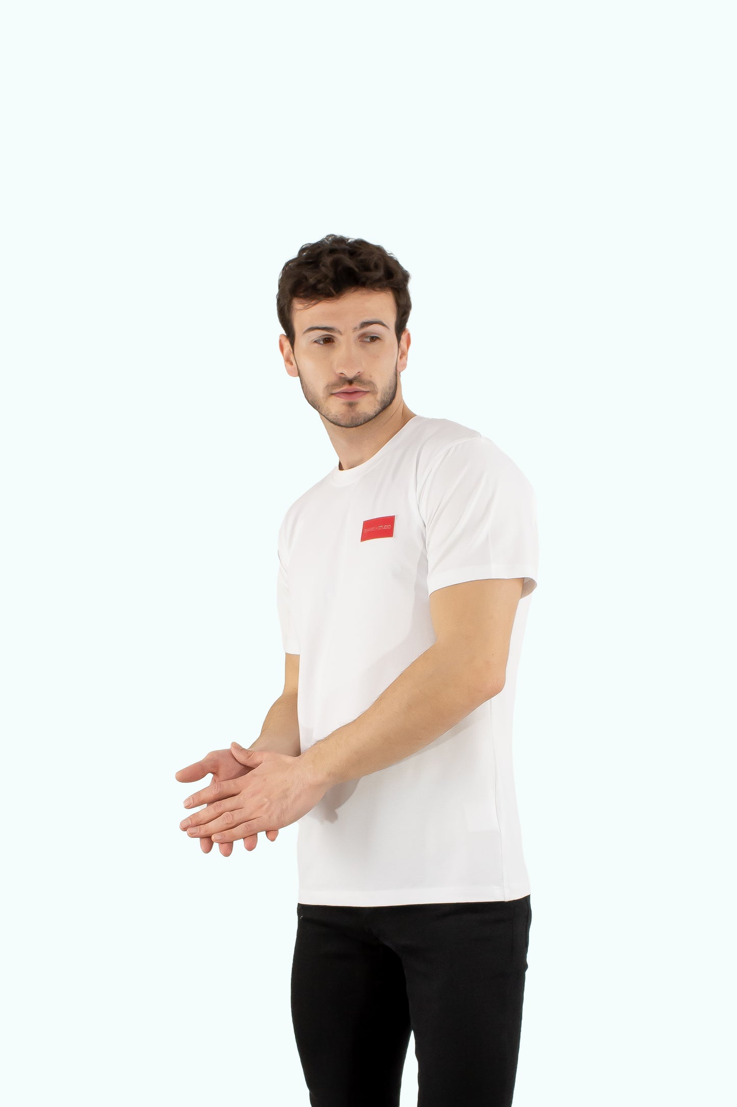 Men white cotton t-shirt with red logo badge