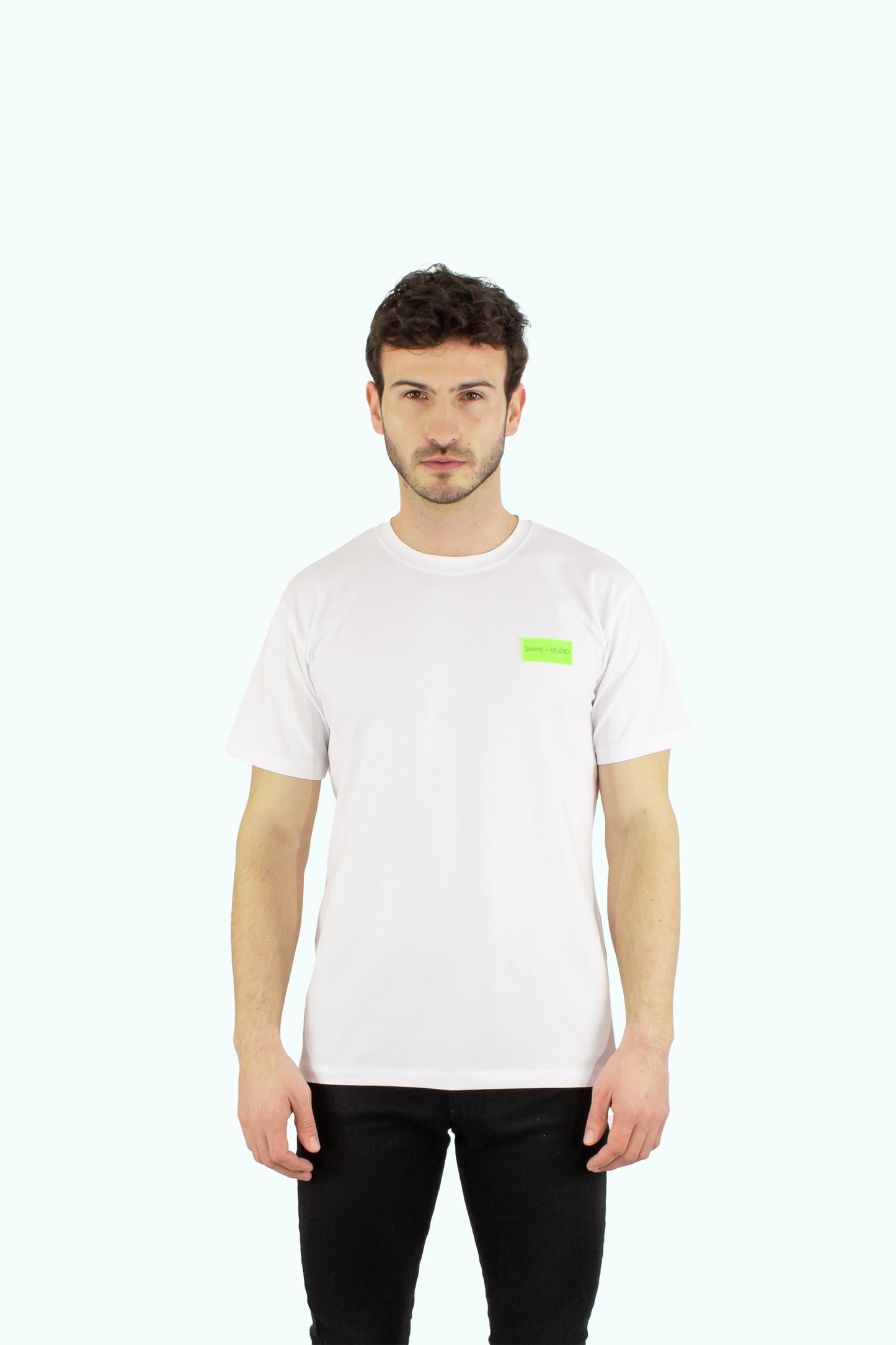 Men white cotton t-shirt with neon logo badge