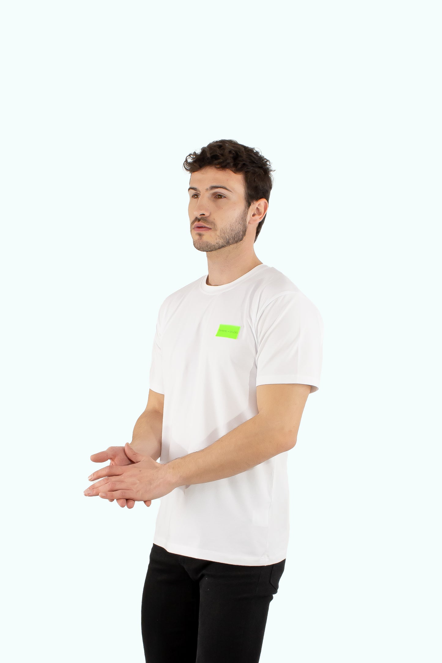 Men white cotton t-shirt with neon logo badge