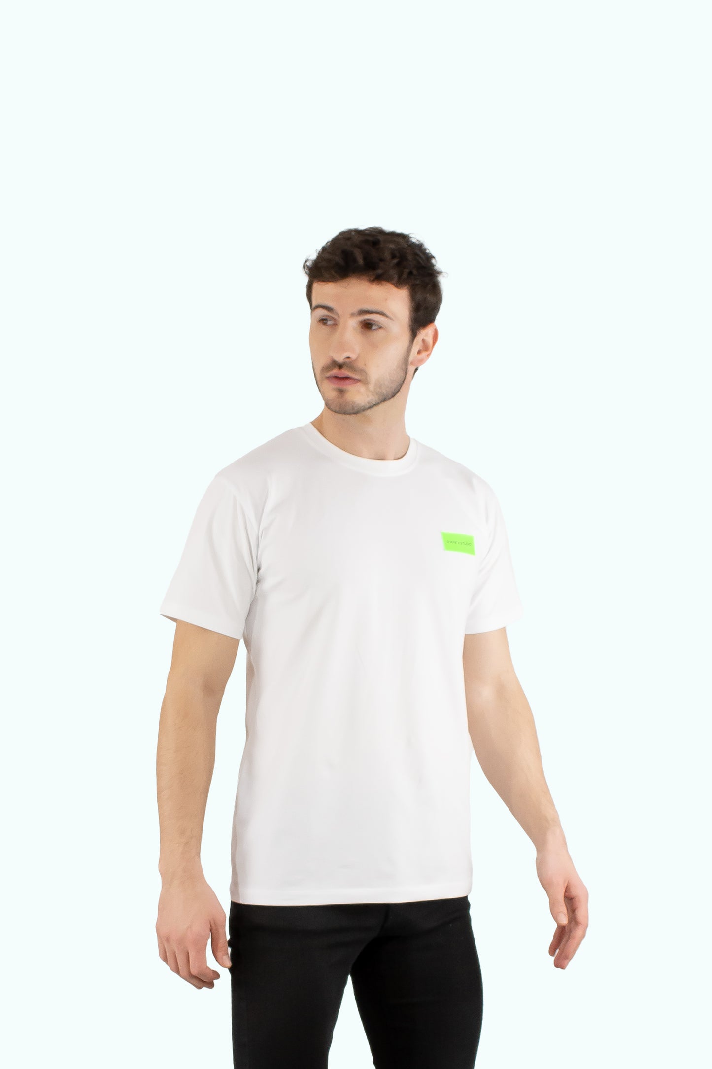 Men white cotton t-shirt with neon logo badge