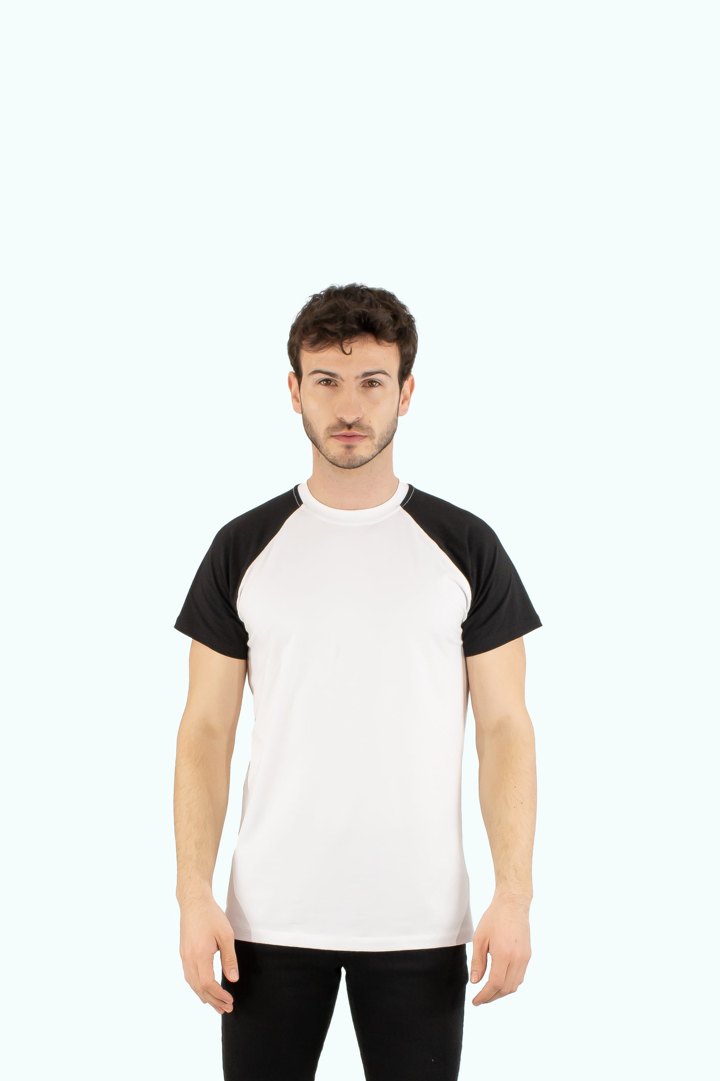 Men white cotton t-shirt black short sleeve type raglan