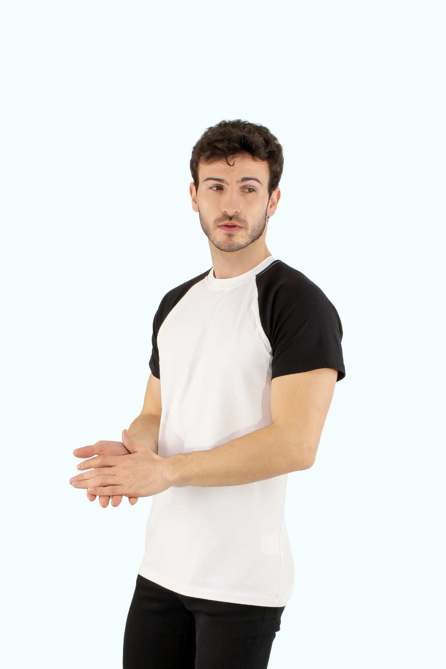 Men white cotton t-shirt black short sleeve type raglan