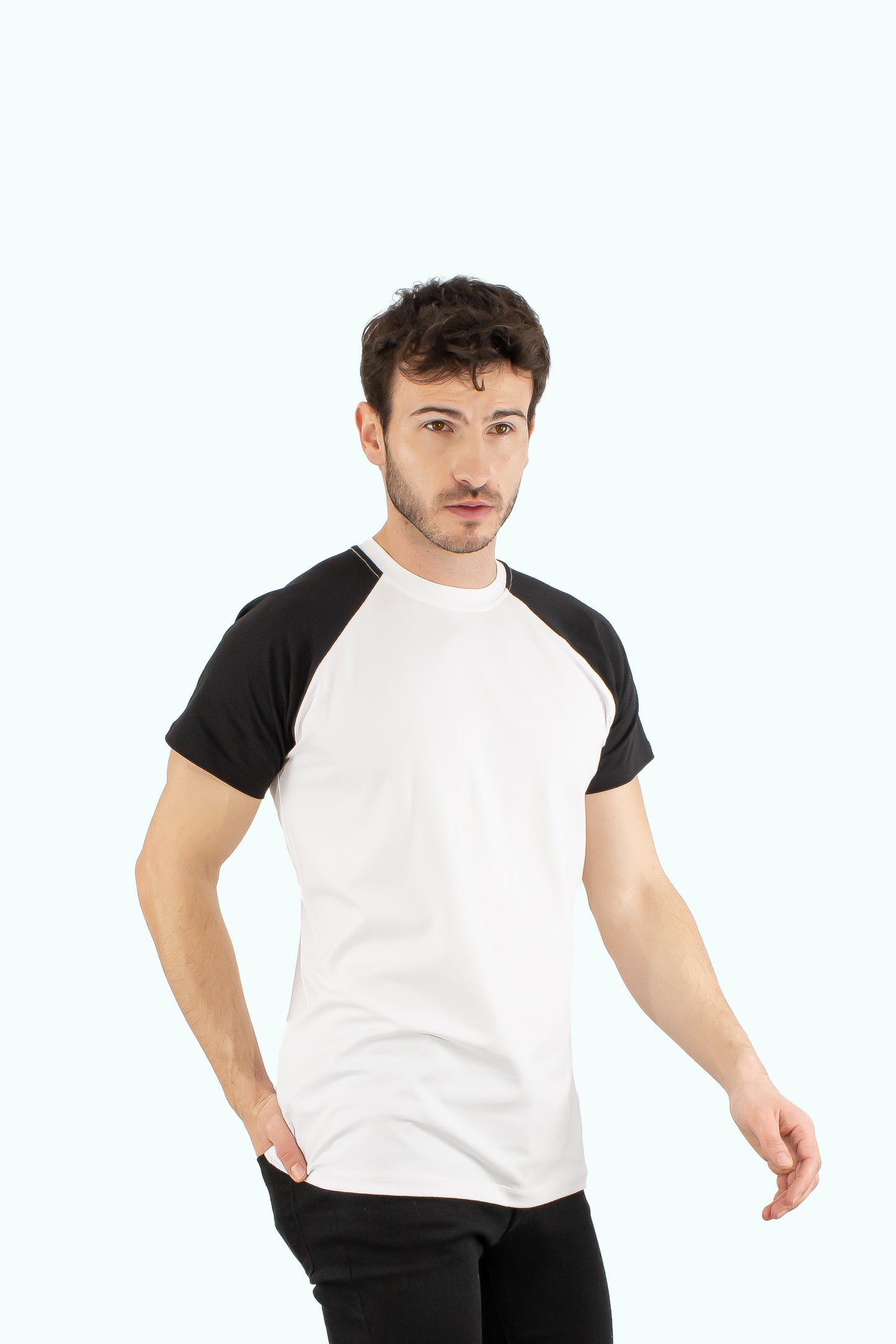 Men white cotton t-shirt black short sleeve type raglan