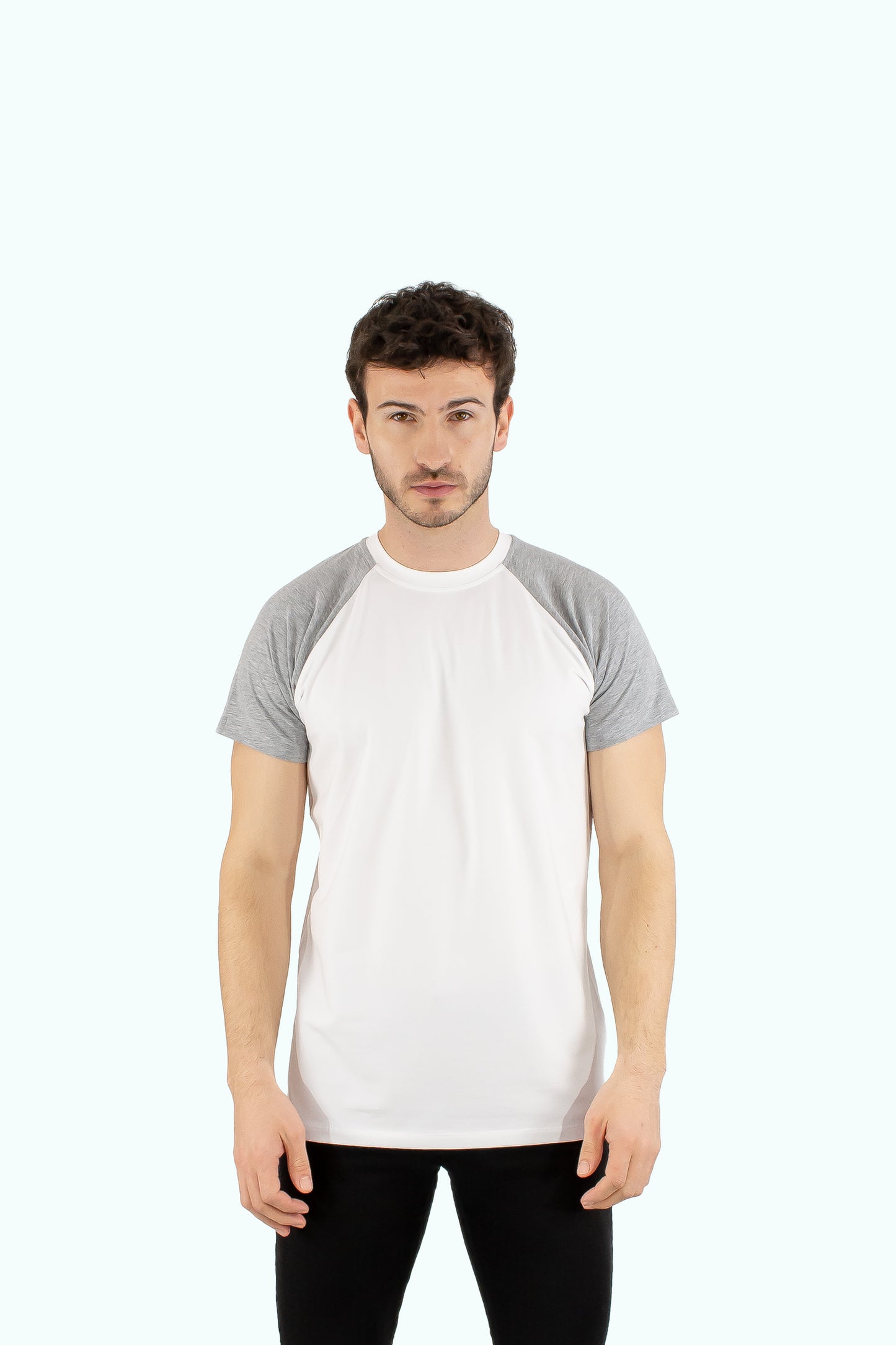 Men white cotton t-shirt grey short sleeve type raglan