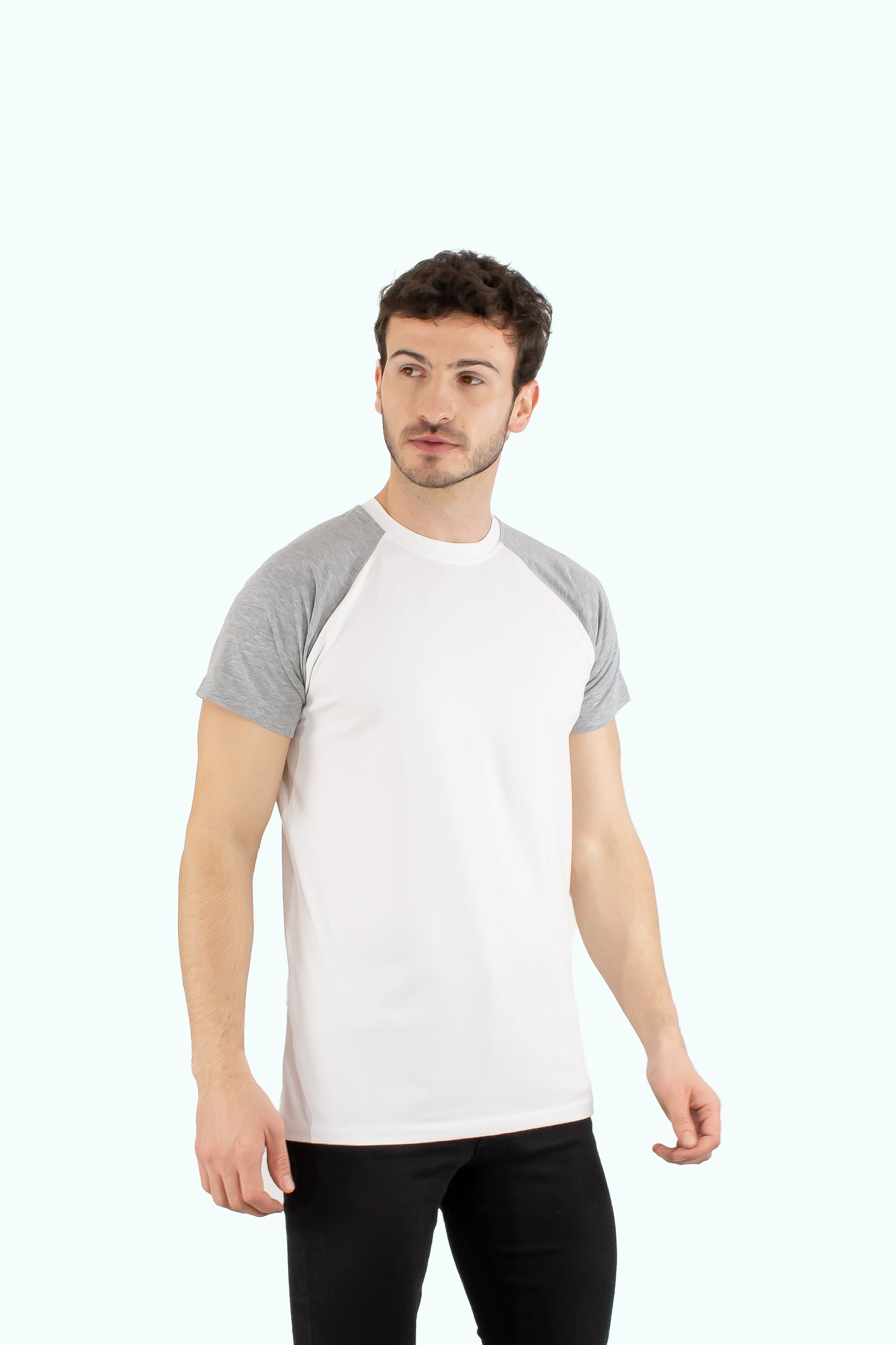 Men white cotton t-shirt grey short sleeve type raglan