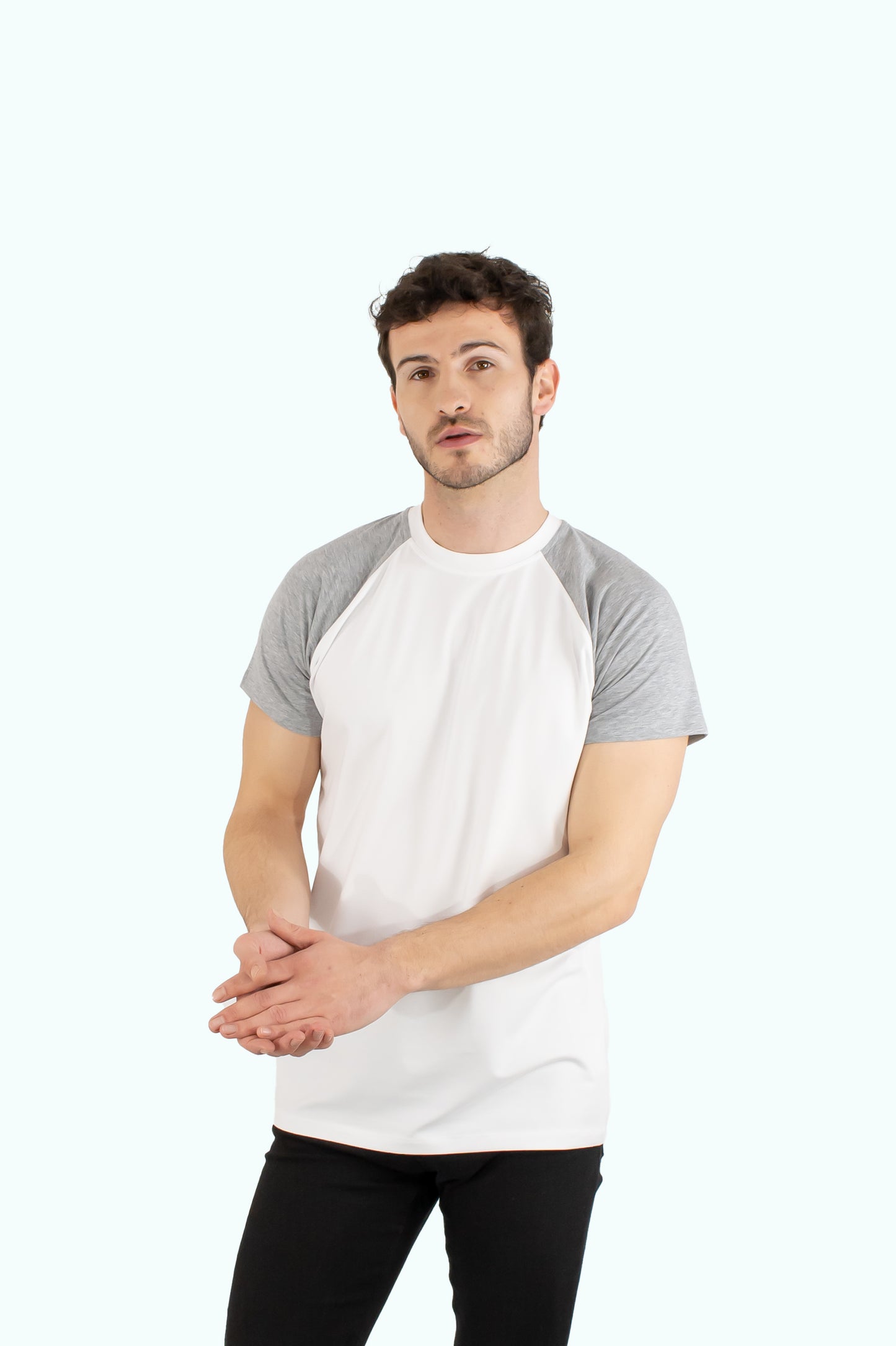 Men white cotton t-shirt grey short sleeve type raglan