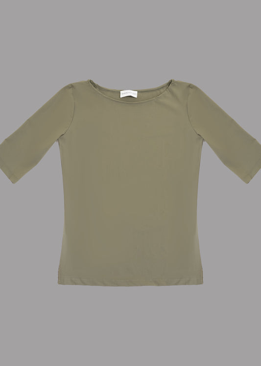 Women khaki green boat neck t-shirt 3/4 sleeves