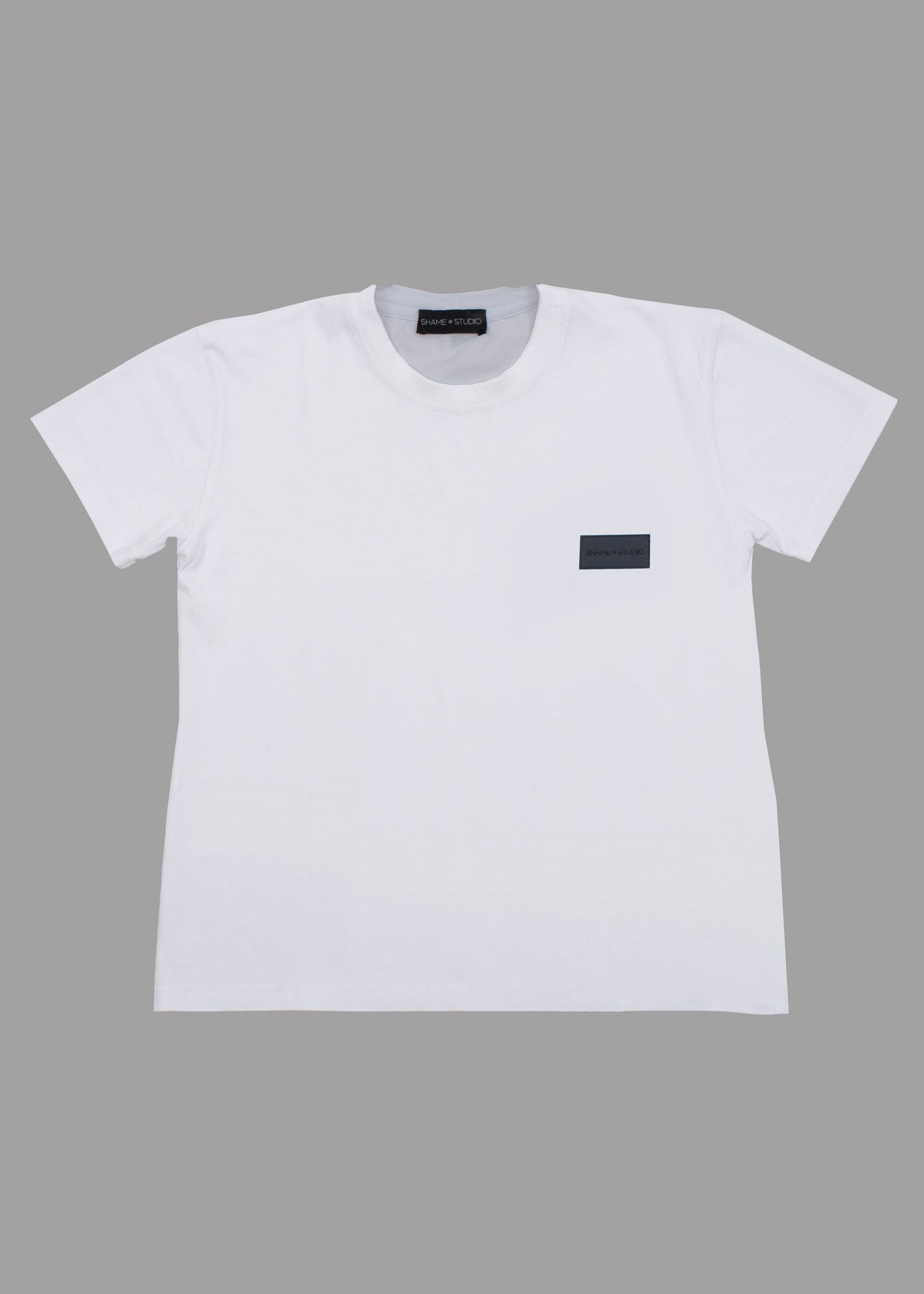 Women white cotton t-shirt with black logo badge