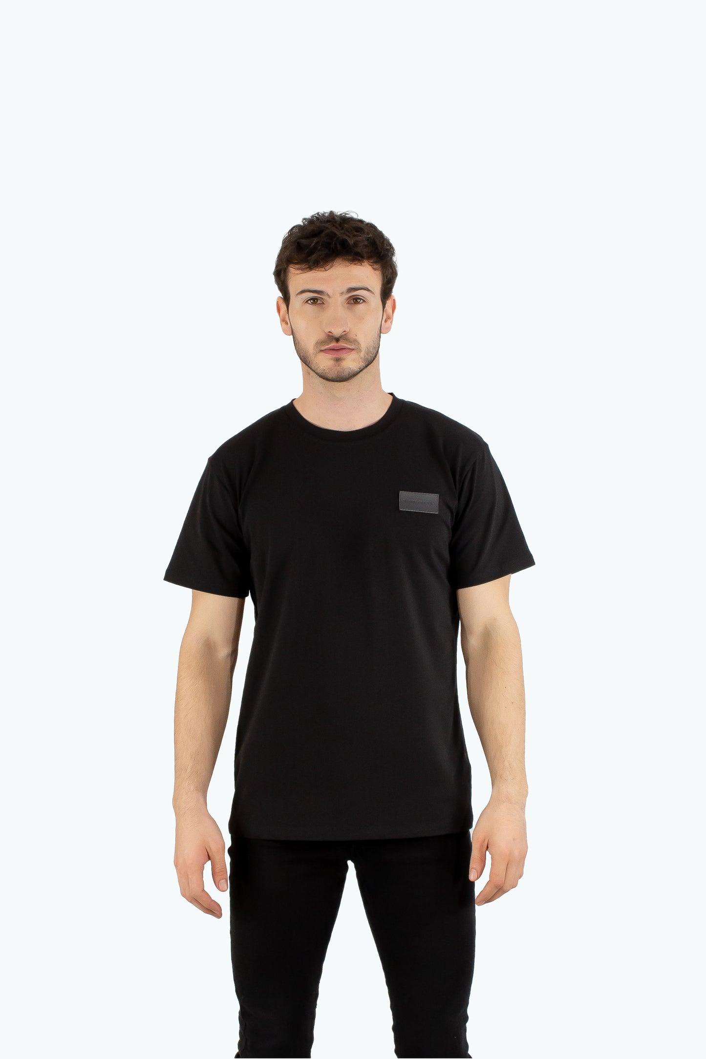 Men black cotton t-shirt with black logo badge