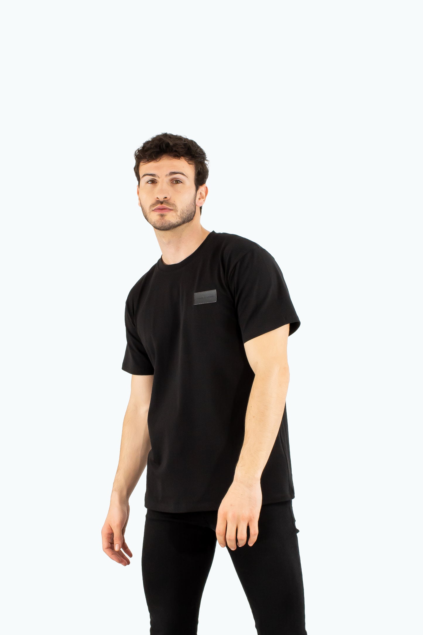 Men black cotton t-shirt with black logo badge