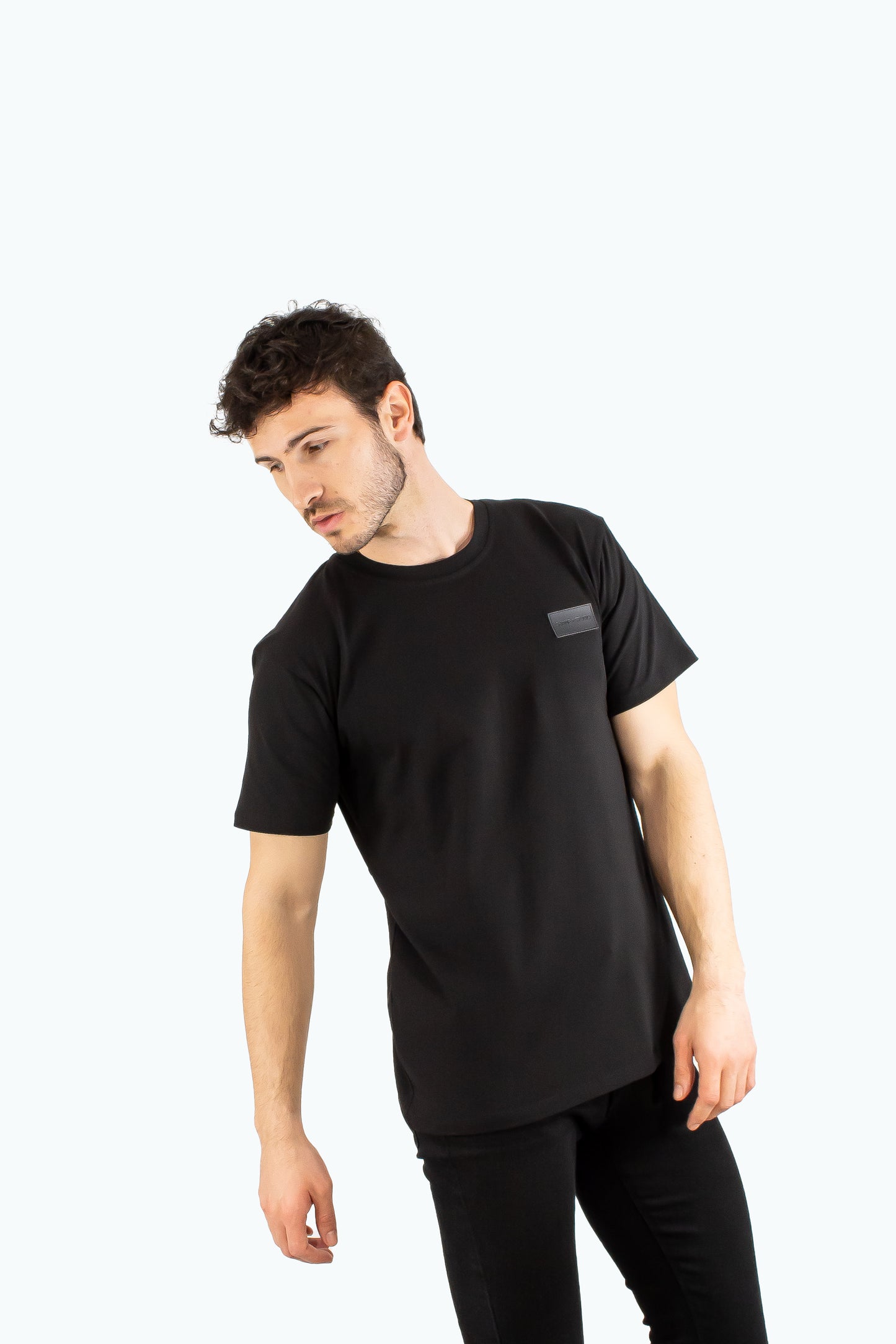 Men black cotton t-shirt with black logo badge