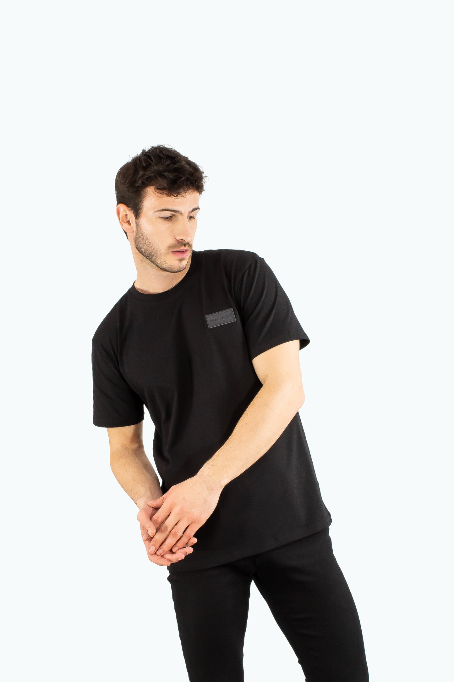 Men black cotton t-shirt with black logo badge