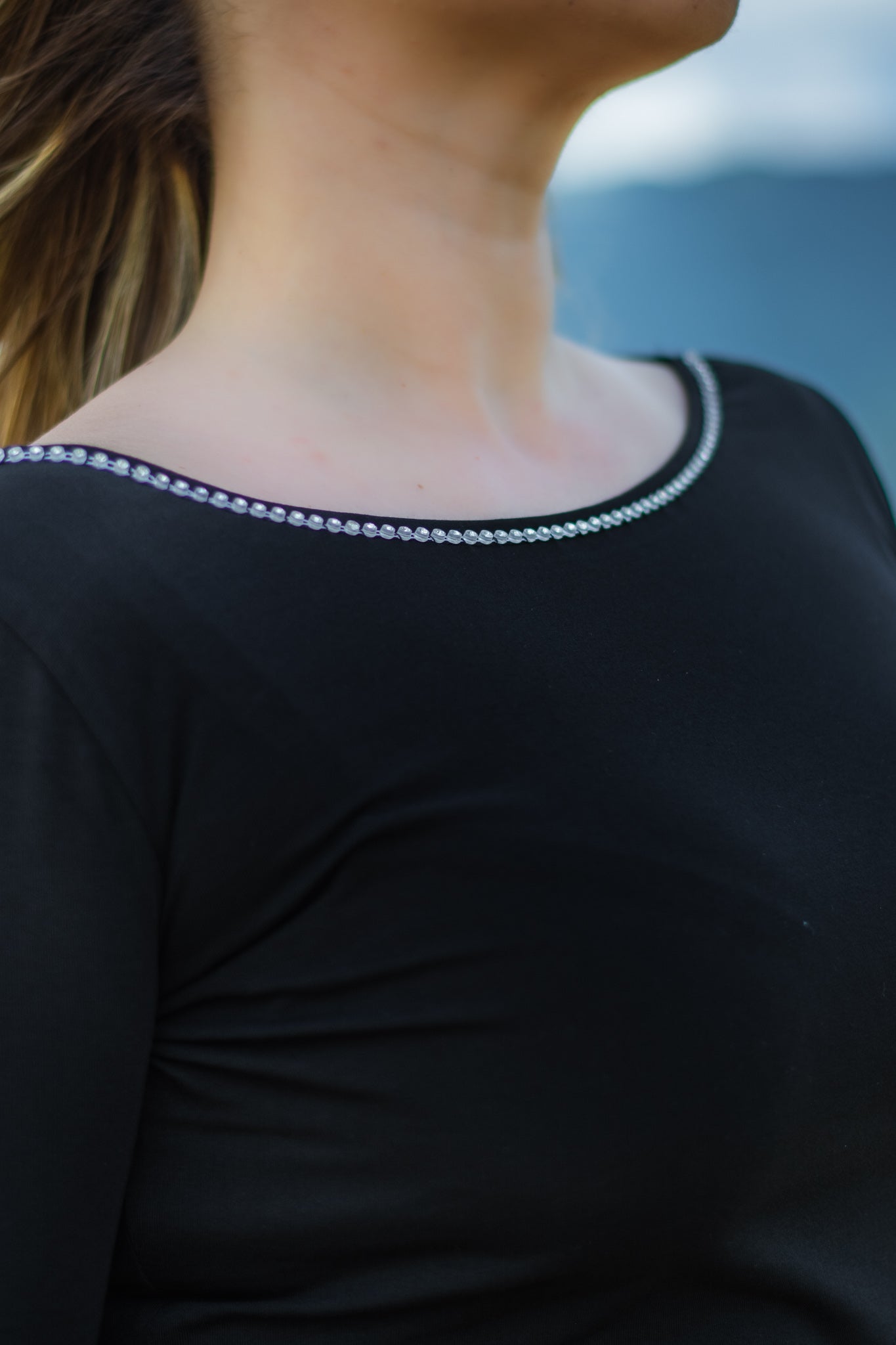 Women black cotton t-shirt with 3/4 sleeves and crystal boat neckline