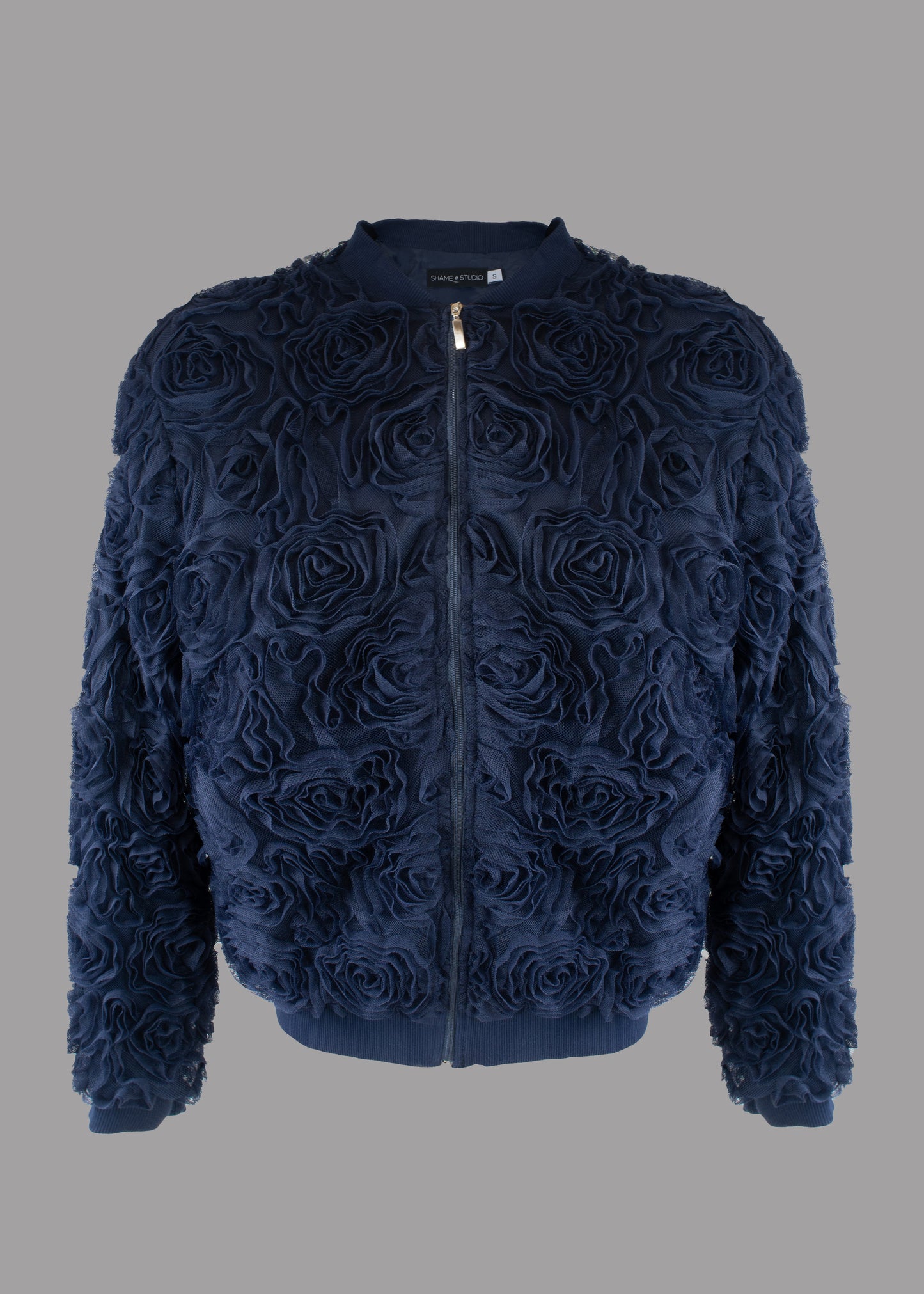 Women navy blue bomber jacket 3D flowers