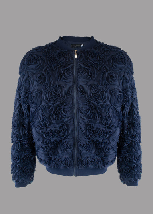 Bomber femme bleu marine fleurs 3D