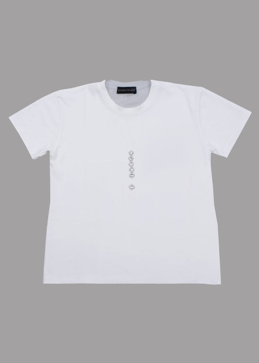 T-shirt femme en coton blanc avec un point d'exclamation en cristal