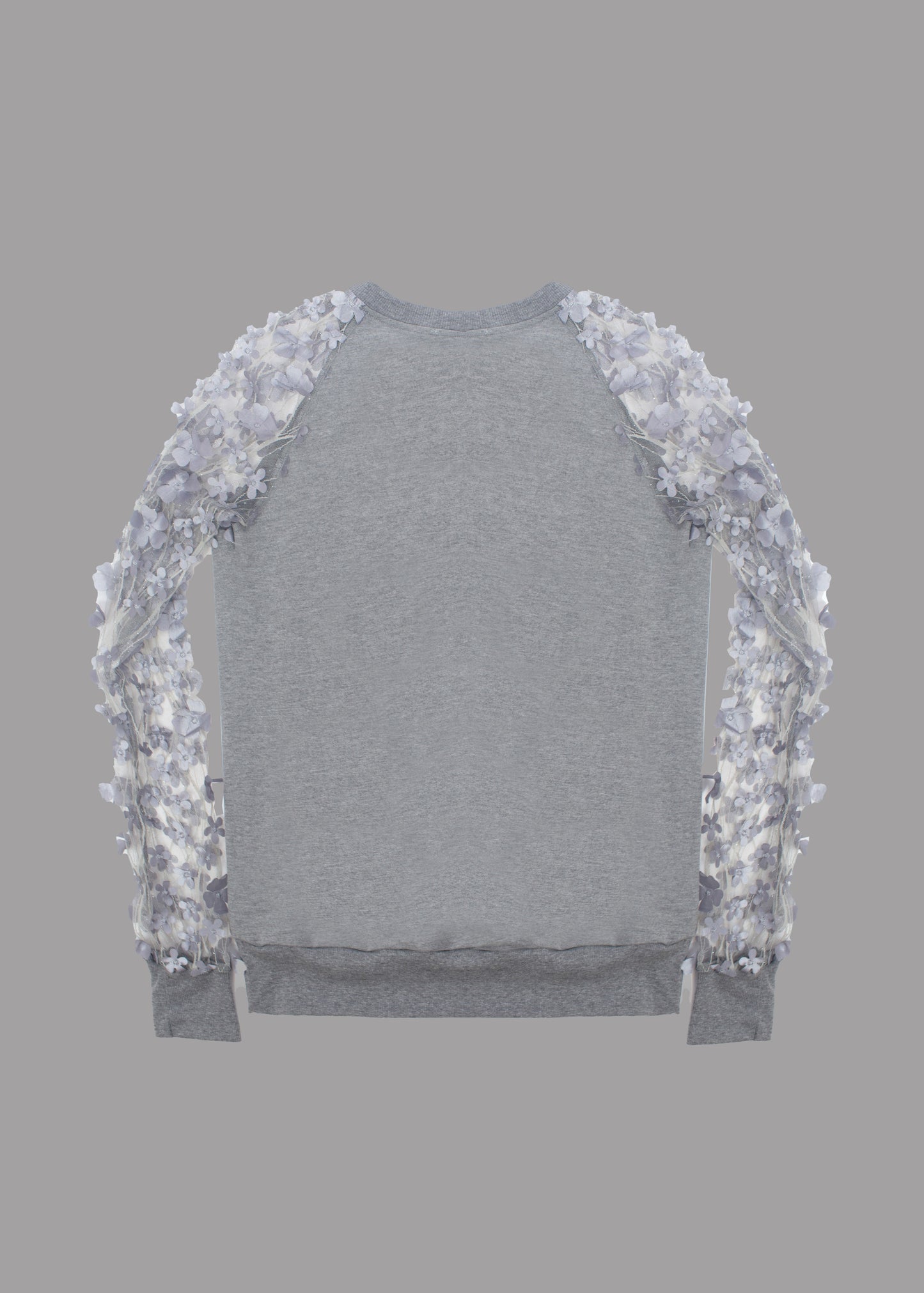 Women grey sweatshirt transparent sleeves with embroidered flowers