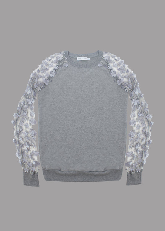 Women grey sweatshirt transparent sleeves with embroidered flowers