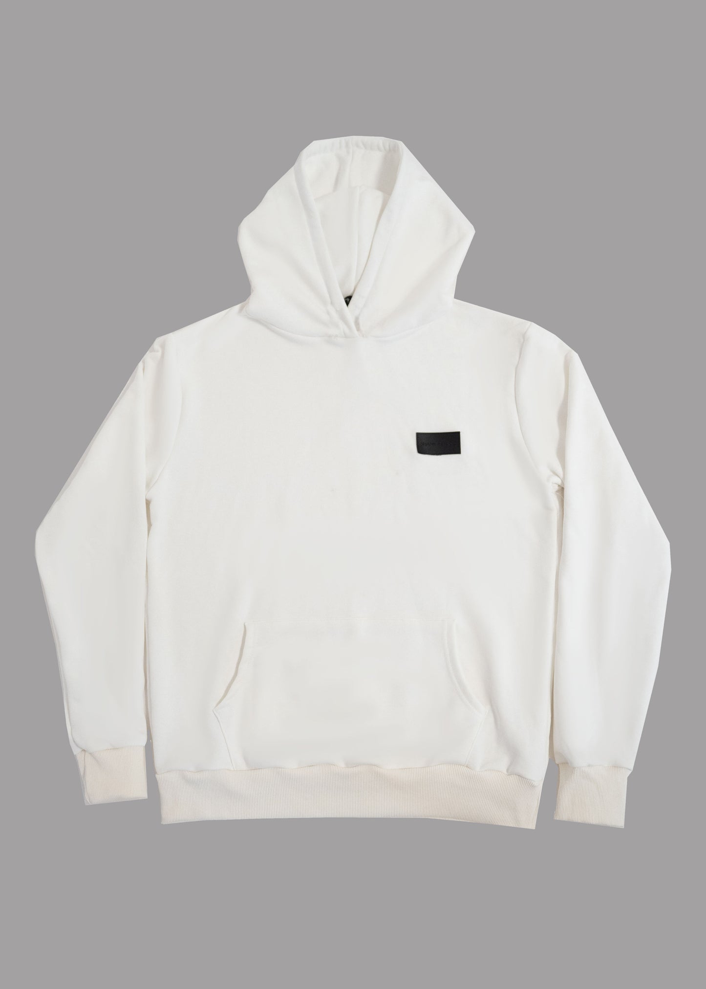 Men white hoodie with black logo badge