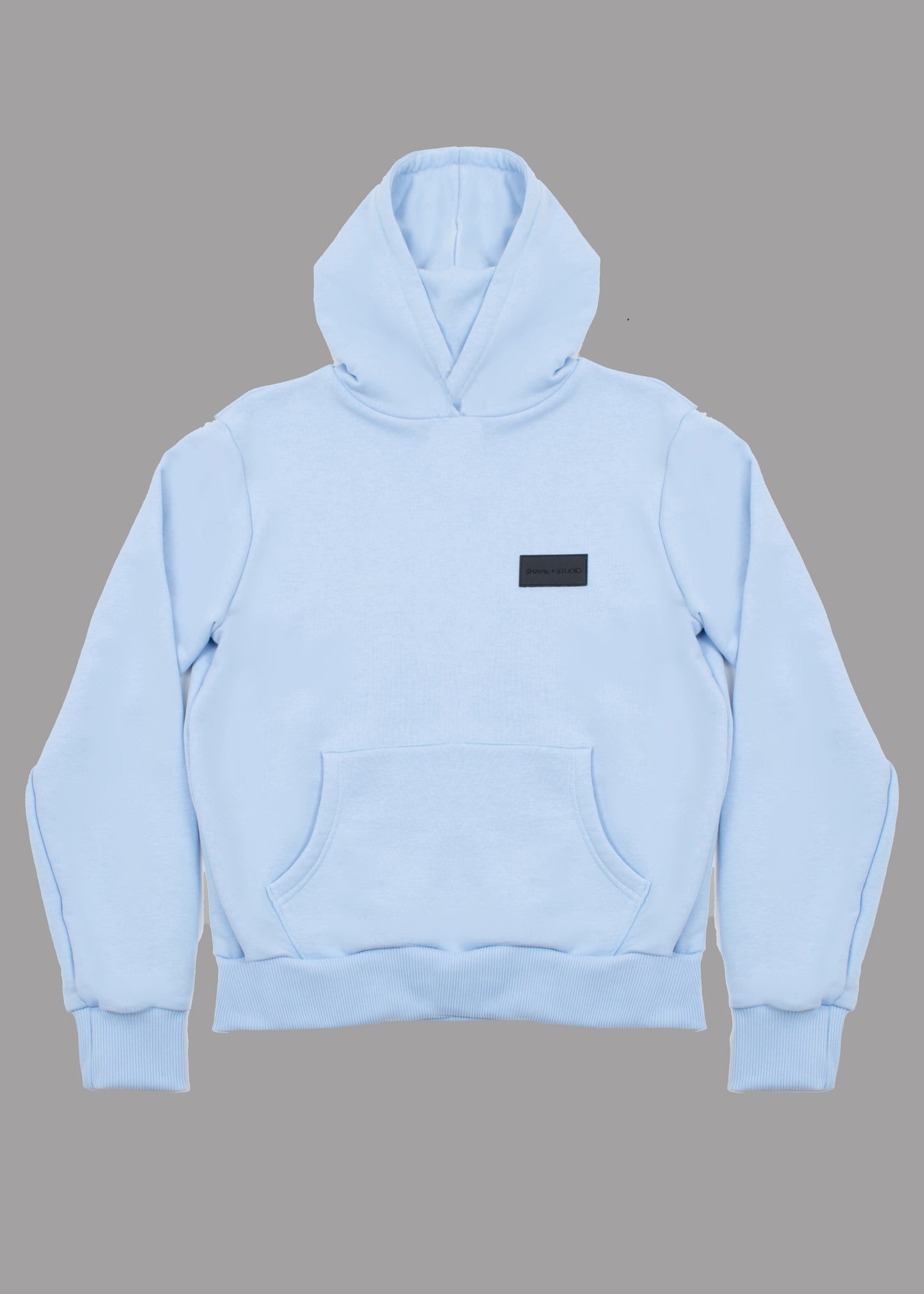 Men blue hoodie with black logo badge