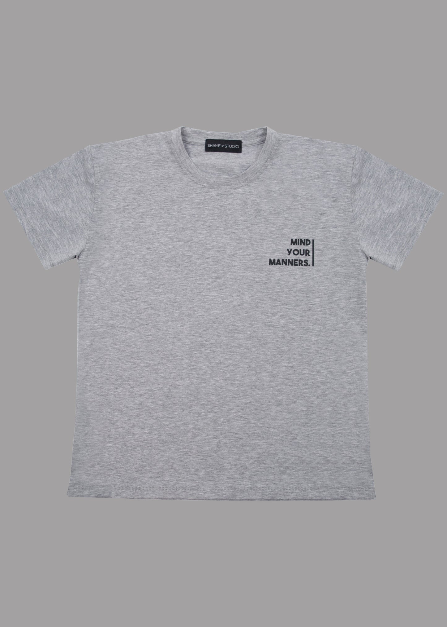 Men grey cotton t-shirt with MIND YOUR MANNERS print