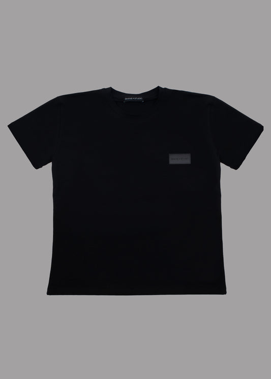 Women black cotton t-shirt with black logo badge