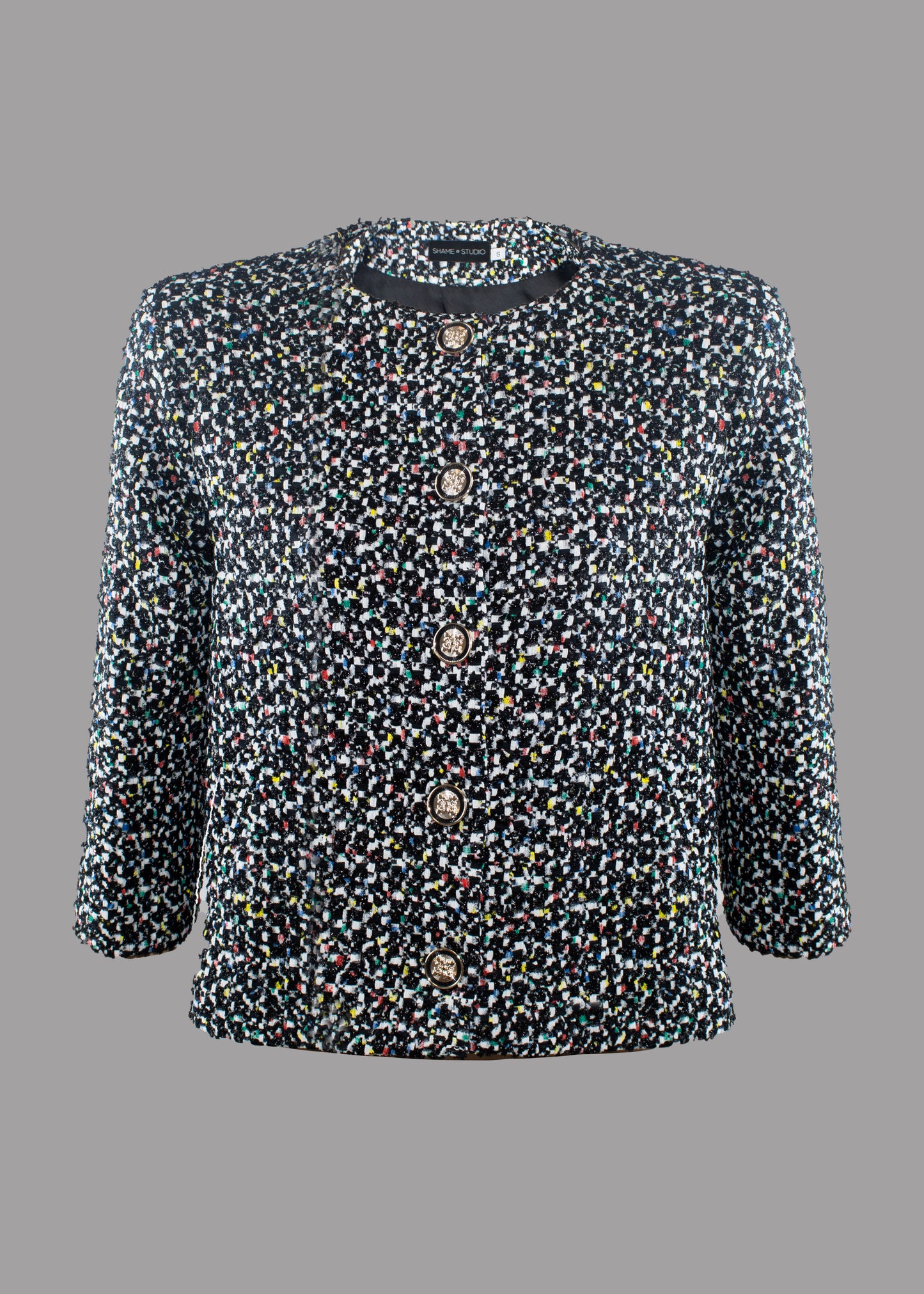 Women fine multicoloured tweed jacket A-line 3/4 sleeve