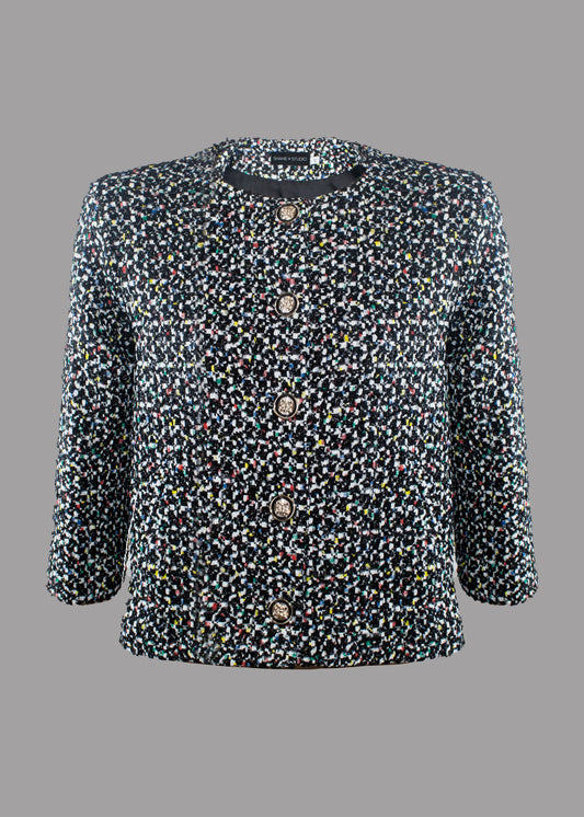 Women fine multicoloured tweed jacket A-line 3/4 sleeve