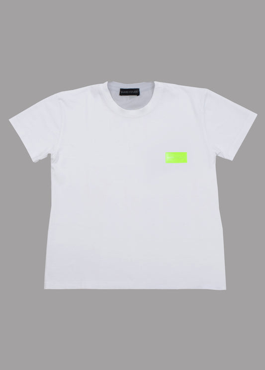 Women white cotton t-shirt with neon logo badge