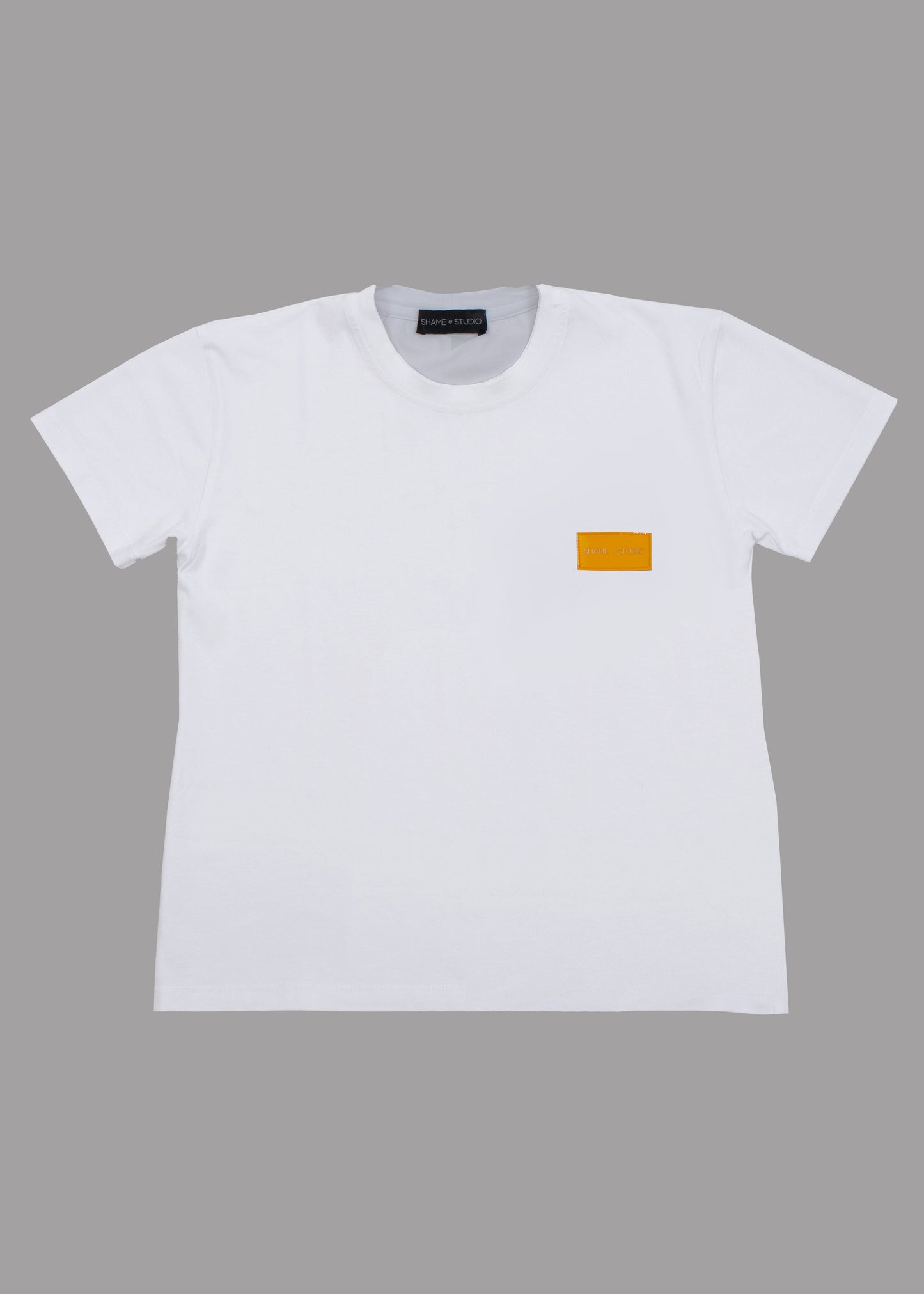 Women white cotton t-shirt with orange logo badge