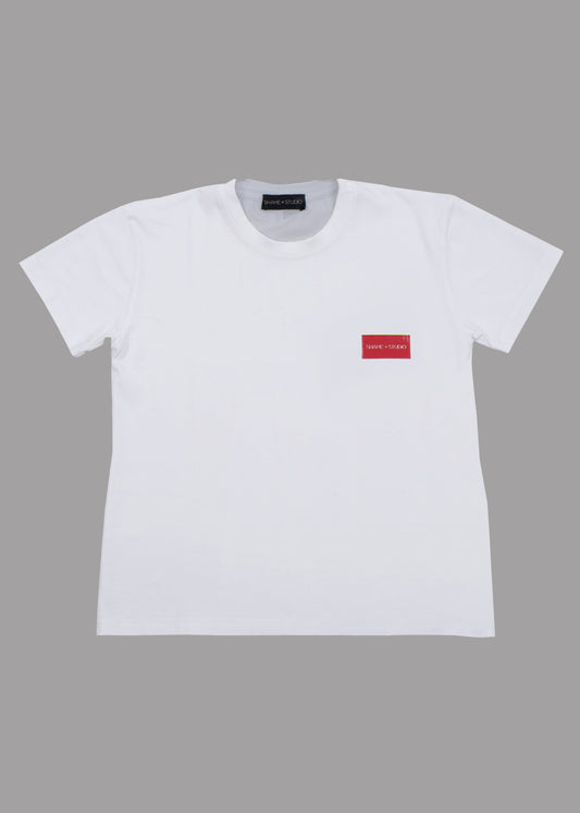 Women white cotton t-shirt with red logo badge