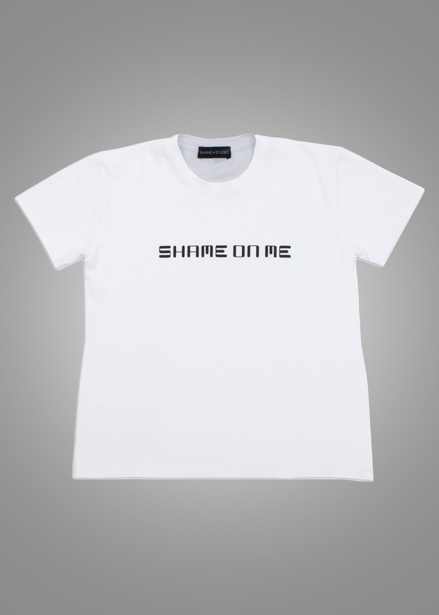 Women white cotton t-shirt with SHAME ON ME print