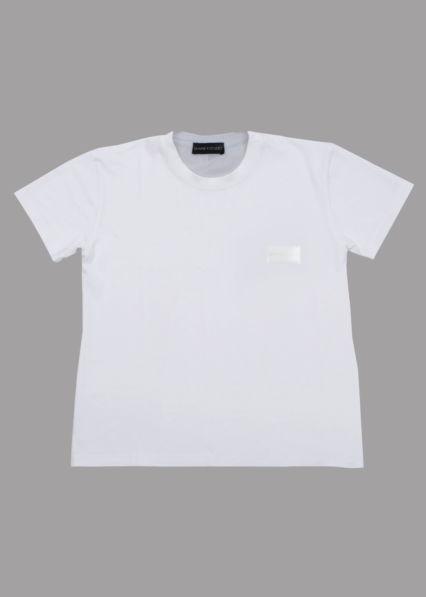 Women white cotton t-shirt with white logo badge