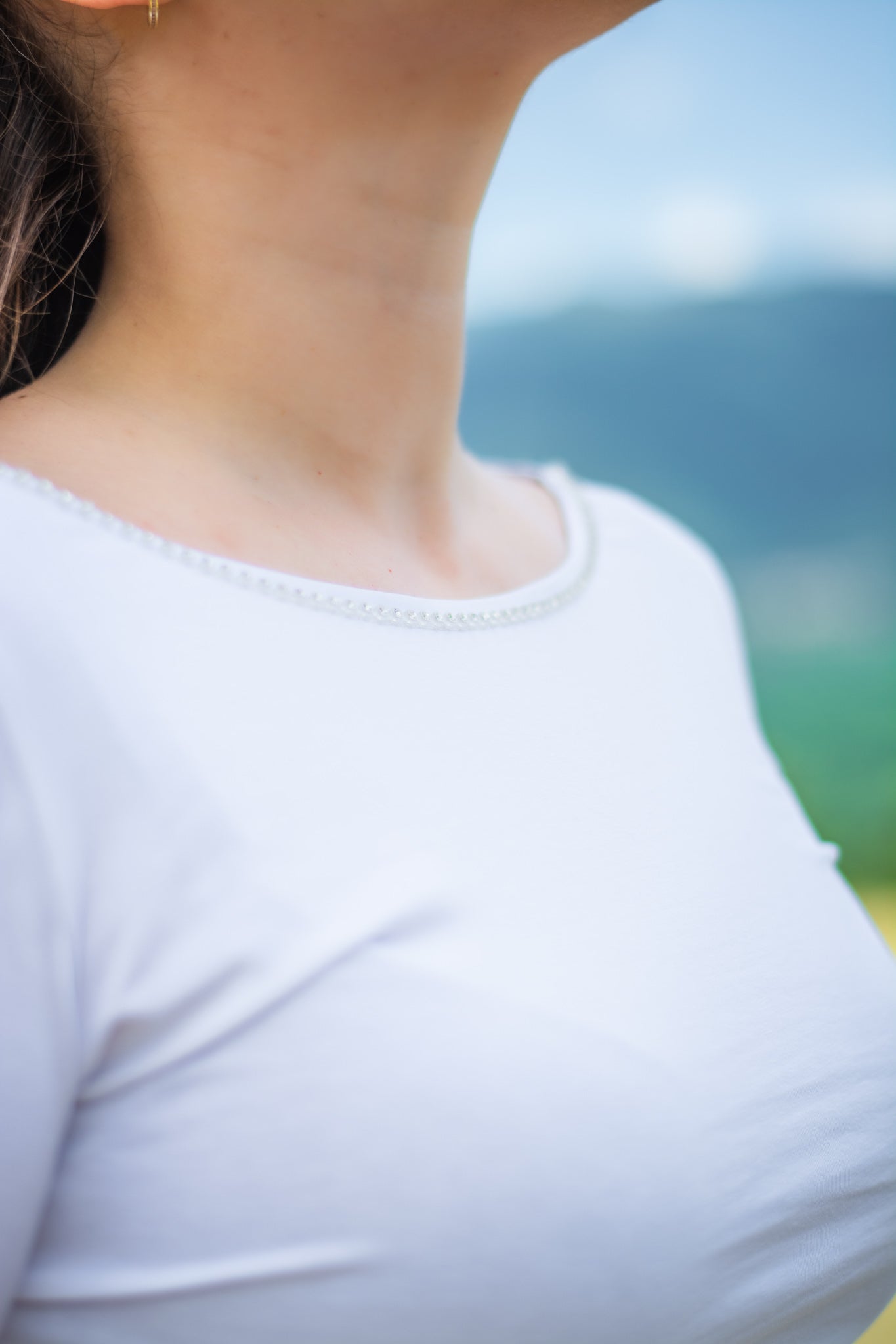 Women white cotton t-shirt with 3/4 sleeves and crystal boat neckline