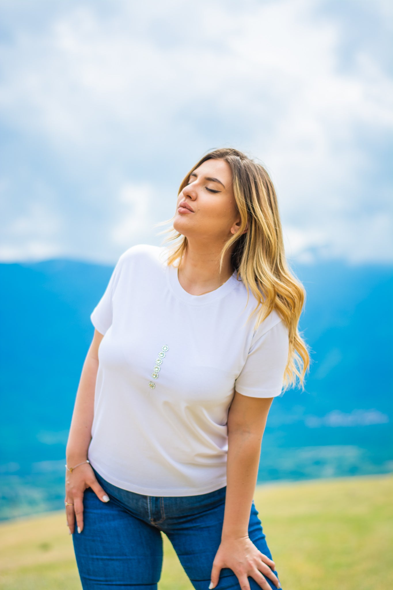 Women white cotton t-shirt with a crystal exclamation mark