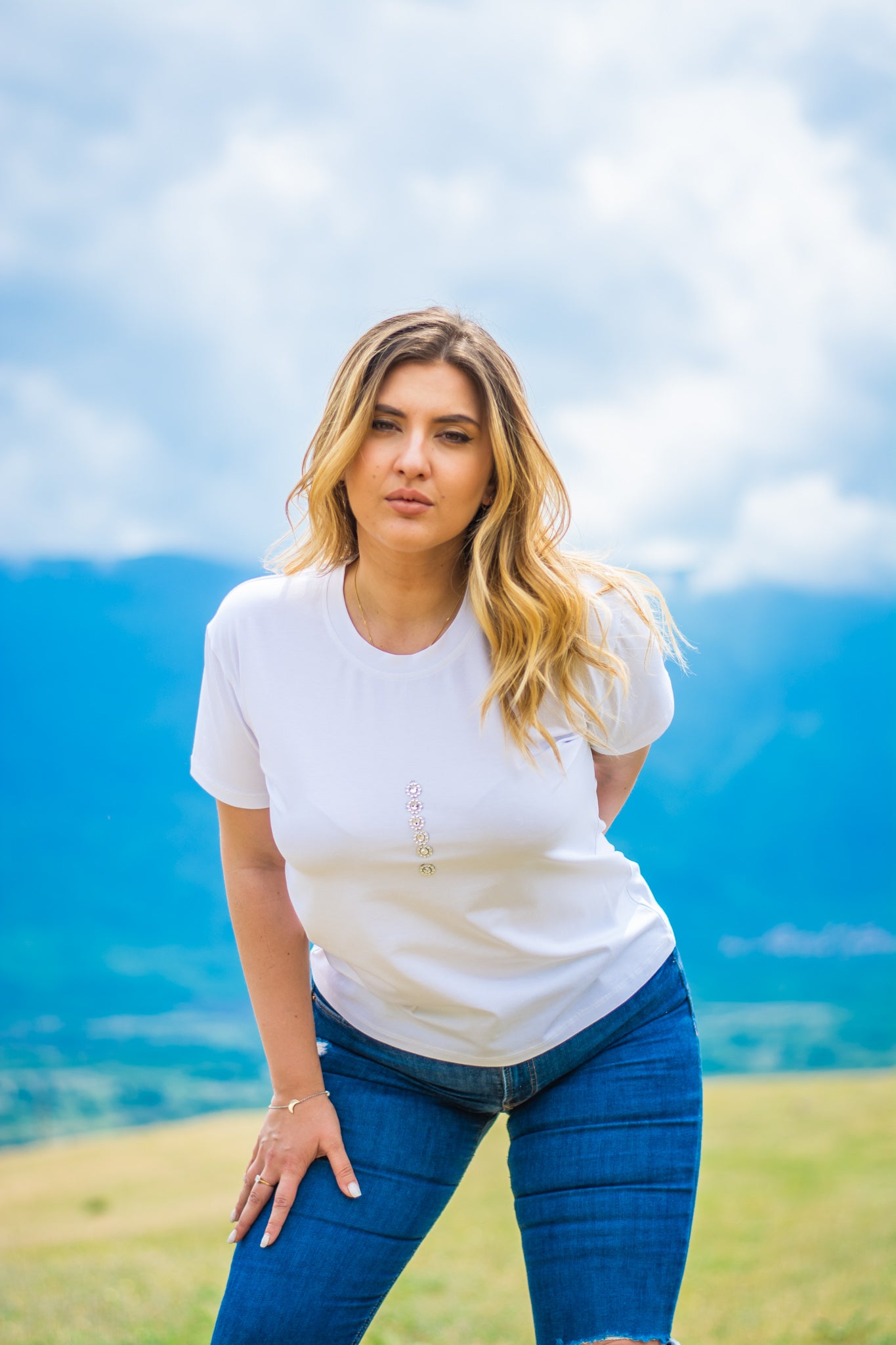 Women white cotton t-shirt with a crystal exclamation mark