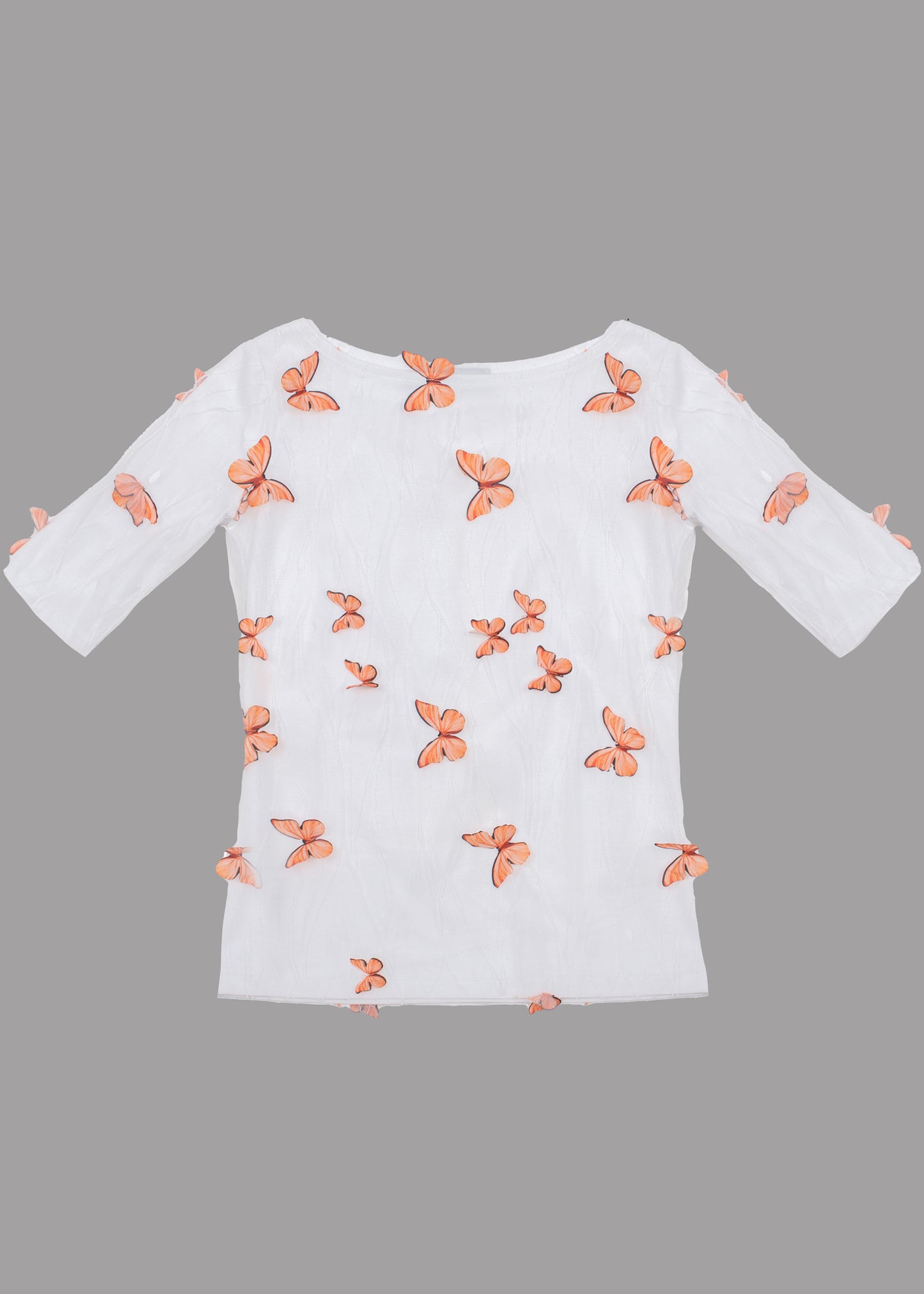 T-shirt femme blanc col bateau avec papillons 3D manches 3/4
