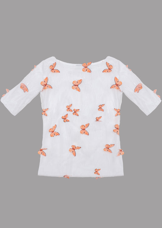 Women white boat neck t-shirt with 3D butterflies 3/4 sleeves