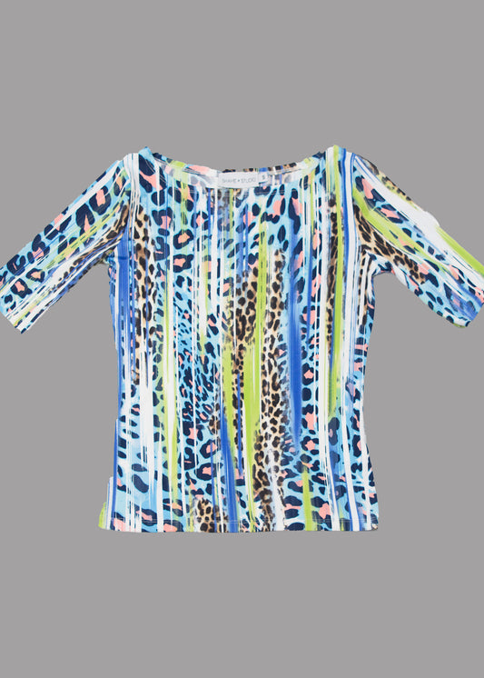 Women boat neck t-shirt with leopard pattern 3/4 sleeve
