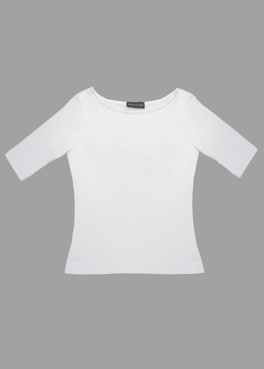 Women white cotton t-shirt with 3/4 sleeves and crystal boat neckline