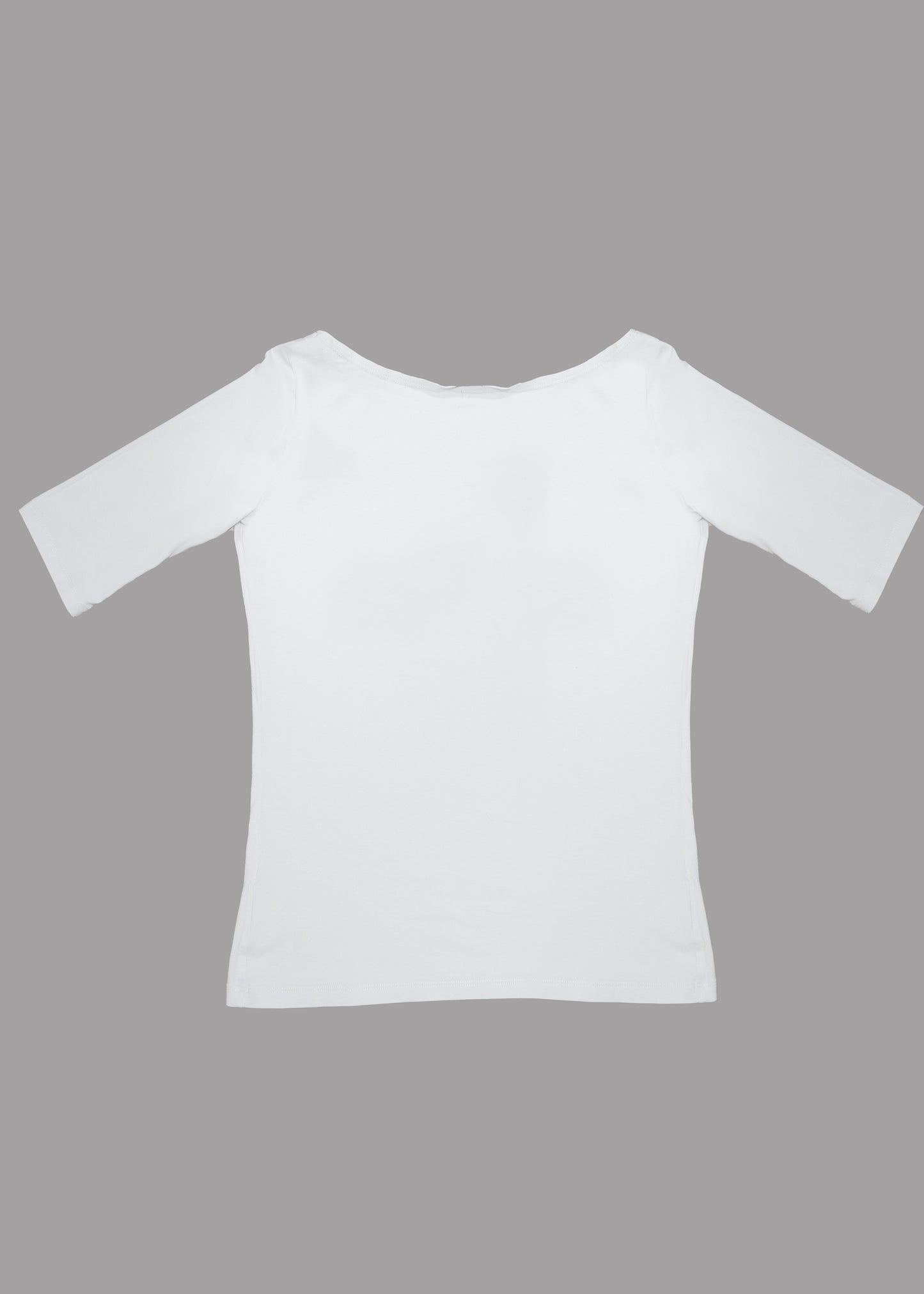 Women white cotton t-shirt with 3/4 sleeves and crystal boat neckline