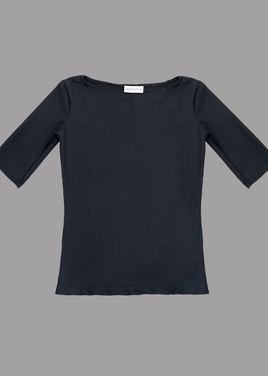 Women black boat neck t-shirt 3/4 sleeves