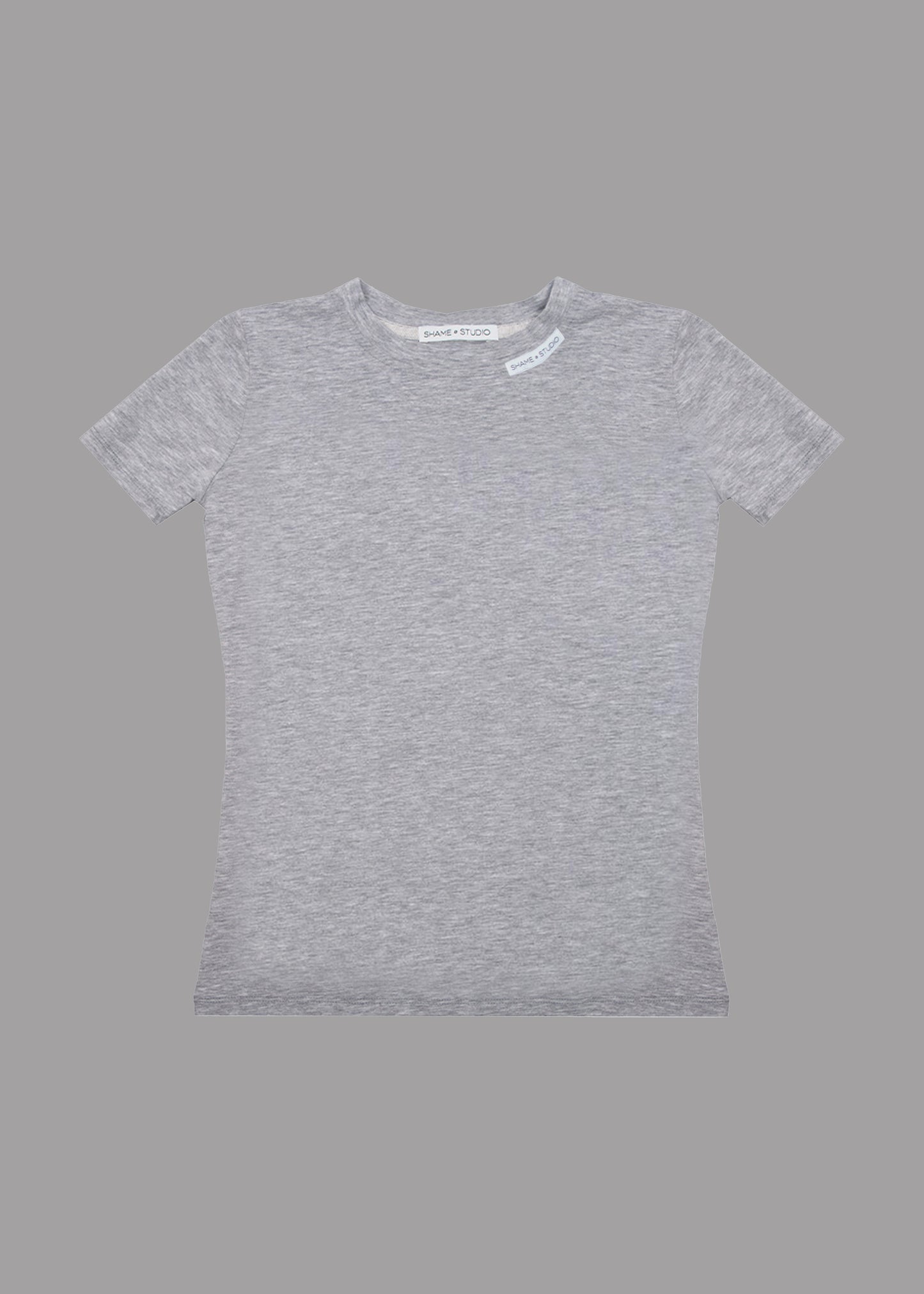 Women gray slim fit t-shirt with neck label