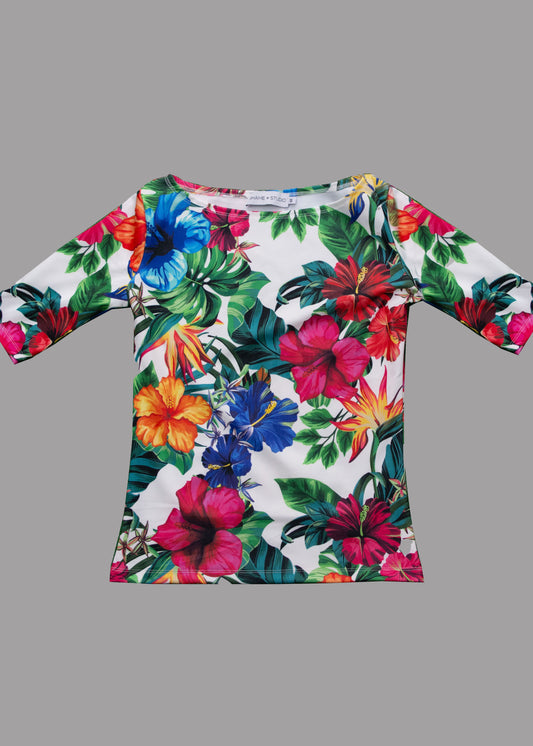 Women flowers boat neck t-shirt 3/4 sleeves
