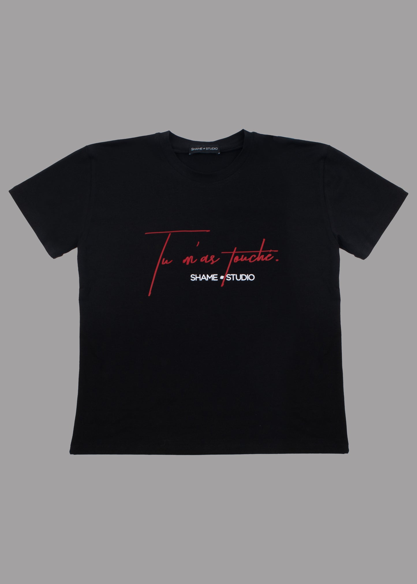 Women black cotton t-shirt with TU M'AS TOUCHÉ print