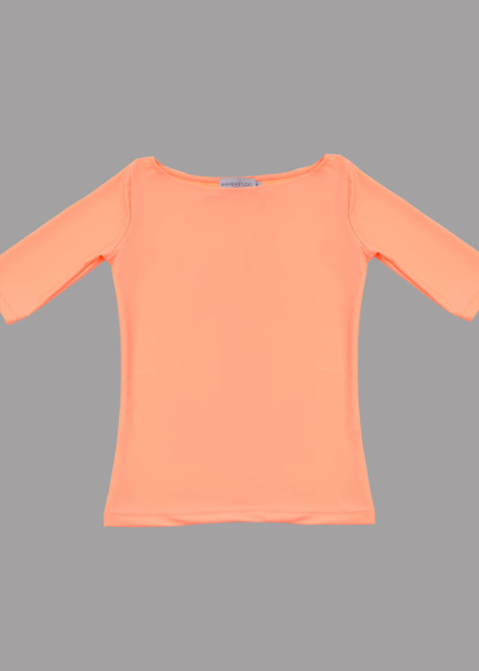 Women peach boat neck t-shirt 3/4 sleeves